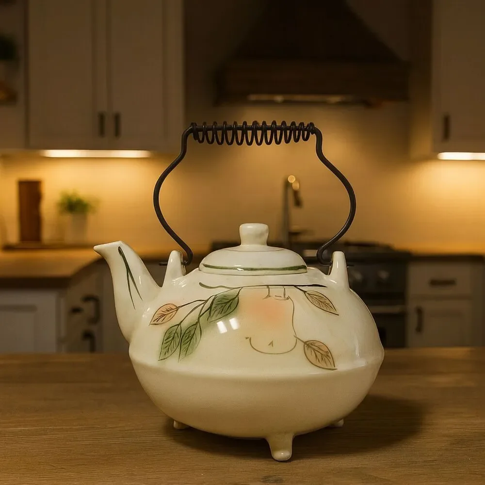California Pottery Teapot Vintage 3 Toed Handpainted Fruit Metal Coil Handle USA